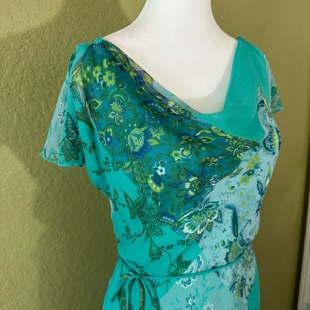 Y2K CDC Women's 6 Flutter Sleeve Wrap Maxi Dress Blue Green Patchwork Paisley - Picture 3 of 10